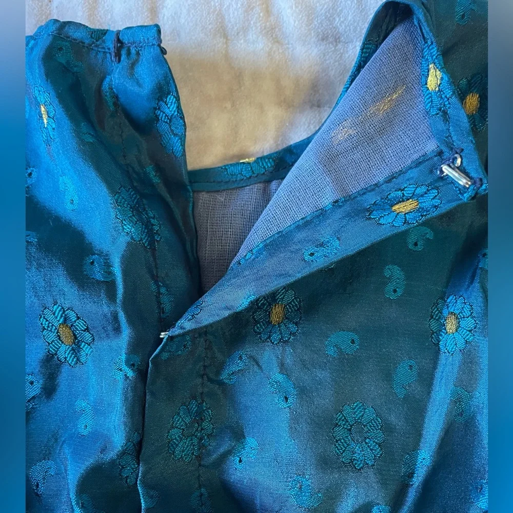 Girls Sweet Teal Gold Embroidered Silky Paisley Ruffled Tea Party Dress Frock